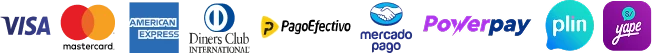 Visa, Mastercard, American Express, Diners Club, PagoEfectivo, Mercado Pago, Powerpay, Plin